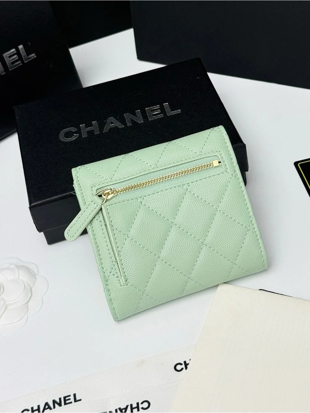 CHANEL Mint Quilted Caviar Leather Wallet with Gold CC